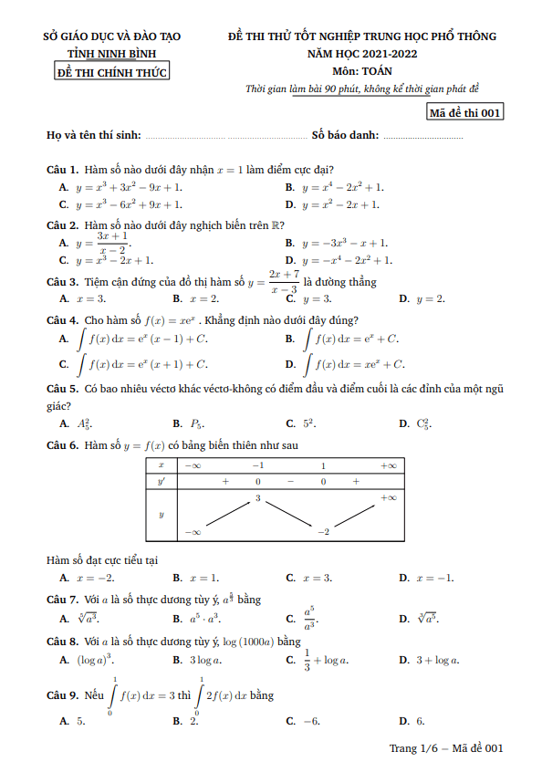 đề thi thử tốt nghiệp thpt môn toán năm 2021 – 2022 sở gd&đt ninh bình