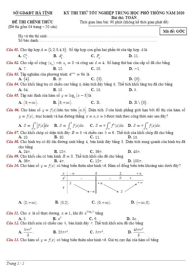 đề thi thử tốt nghiệp thpt năm 2020 môn toán lần 2 sở gd&đt hà tĩnh