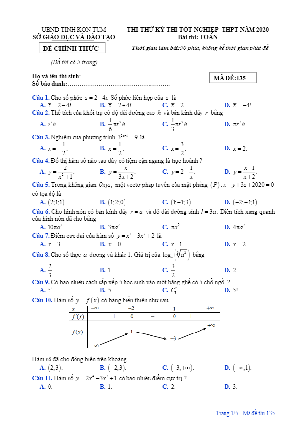 đề thi thử tốt nghiệp thpt năm 2020 môn toán sở gd&đt tỉnh kon tum
