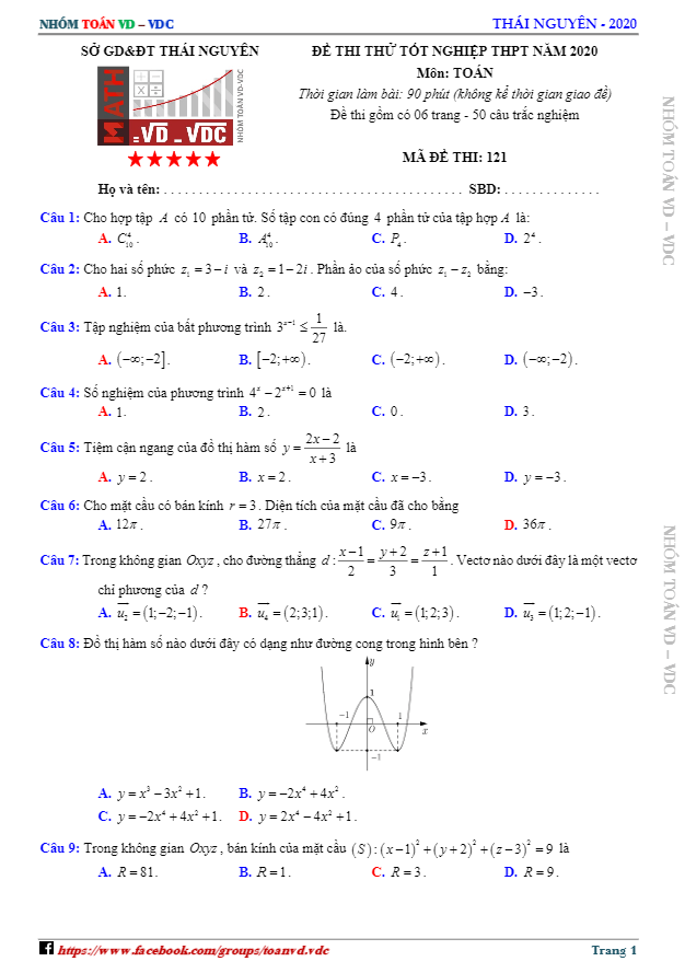 đề thi thử tốt nghiệp thpt năm 2020 môn toán sở gd&đt tỉnh thái nguyên