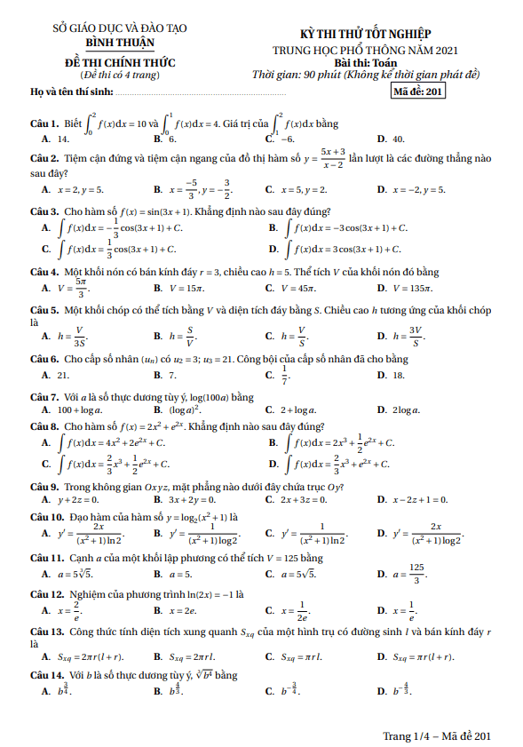 đề thi thử tốt nghiệp thpt năm 2021 môn toán sở gd&đt bình thuận