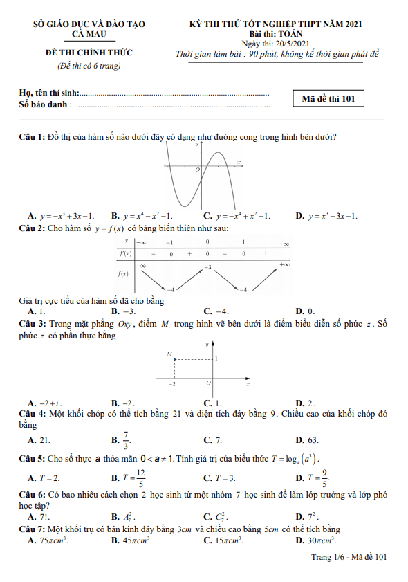 đề thi thử tốt nghiệp thpt năm 2021 môn toán sở gd&đt cà mau