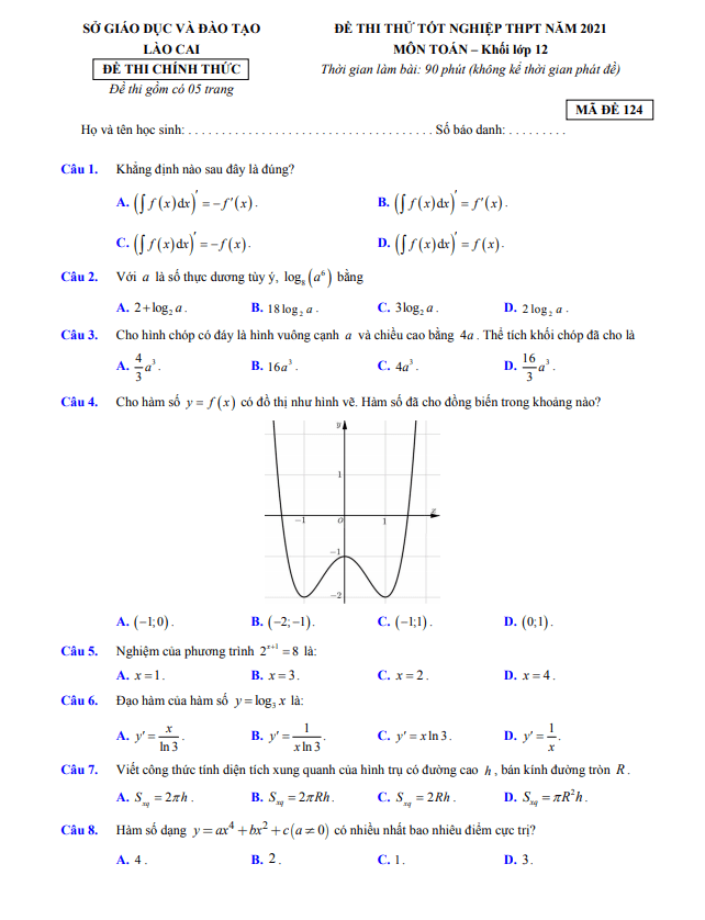 đề thi thử tốt nghiệp thpt năm 2021 môn toán sở gd&đt lào cai