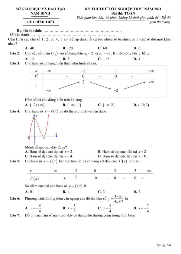 đề thi thử tốt nghiệp thpt năm 2021 môn toán sở gd&đt nam định