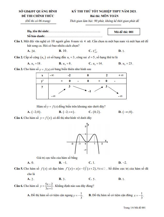 đề thi thử tốt nghiệp thpt năm 2021 môn toán sở gd&đt quảng bình