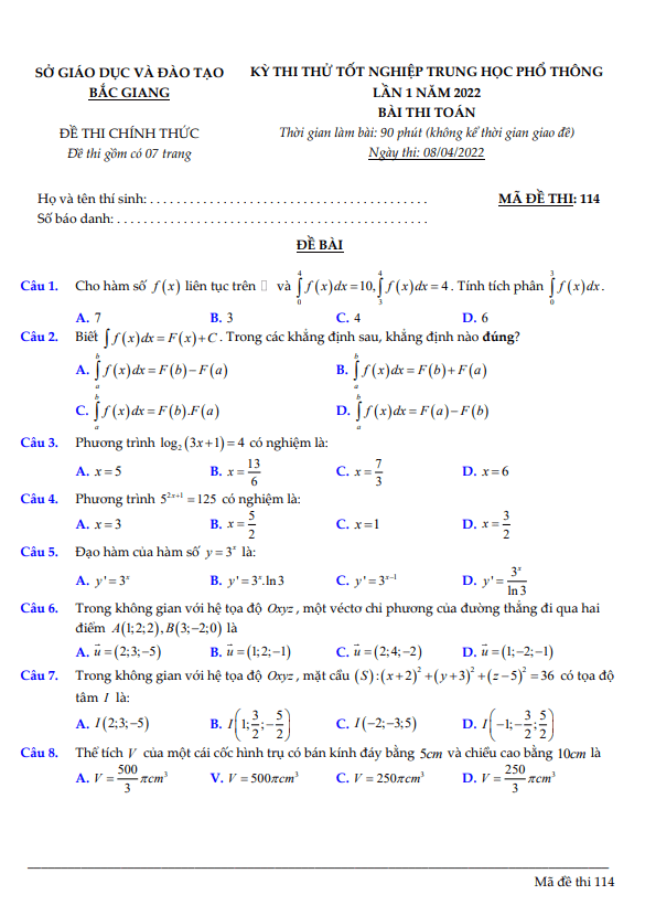 đề thi thử tốt nghiệp thpt năm 2022 môn toán lần 1 sở gd&đt bắc giang