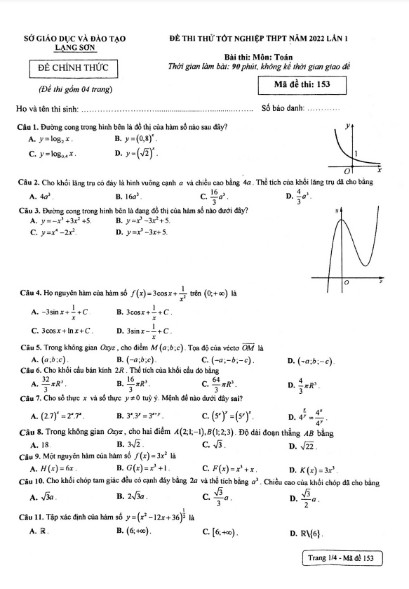 đề thi thử tốt nghiệp thpt năm 2022 môn toán lần 1 sở gd&đt lạng sơn
