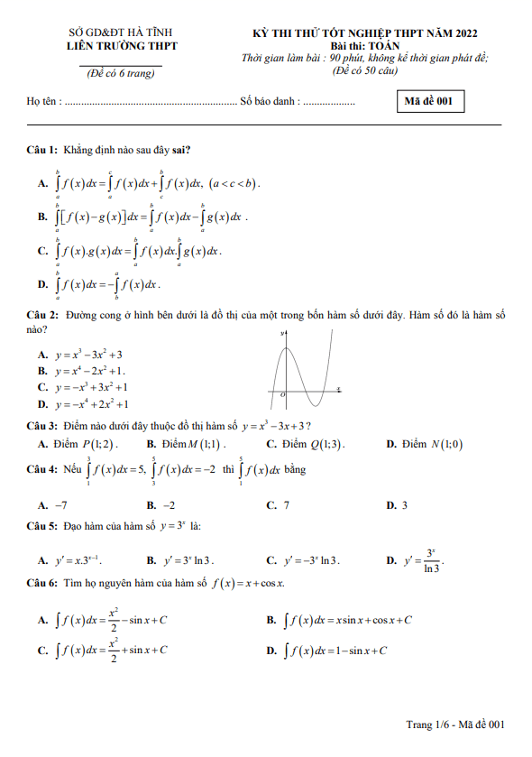 đề thi thử tốt nghiệp thpt năm 2022 môn toán liên trường thpt – hà tĩnh