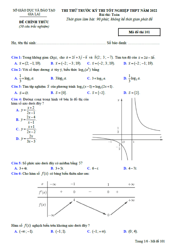 đề thi thử tốt nghiệp thpt năm 2022 môn toán sở gd&đt gia lai