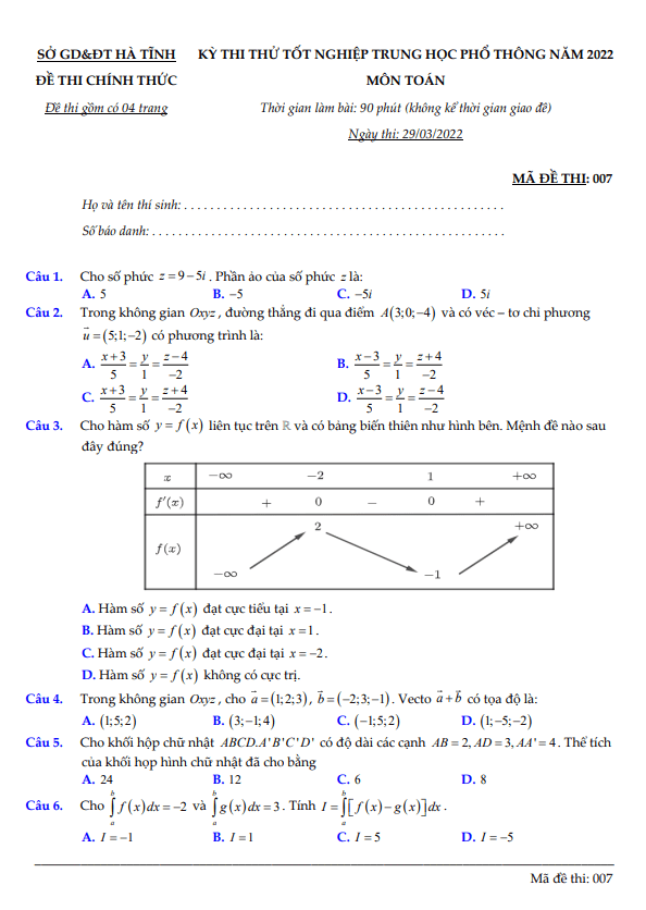 đề thi thử tốt nghiệp thpt năm 2022 môn toán sở gd&đt hà tĩnh