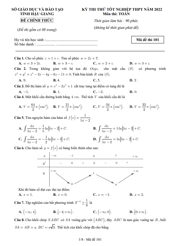 đề thi thử tốt nghiệp thpt năm 2022 môn toán sở gd&đt hậu giang