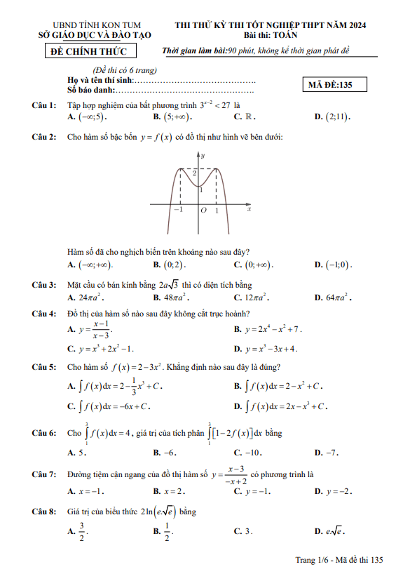 đề thi thử tốt nghiệp thpt năm 2024 môn toán sở gd&đt kon tum