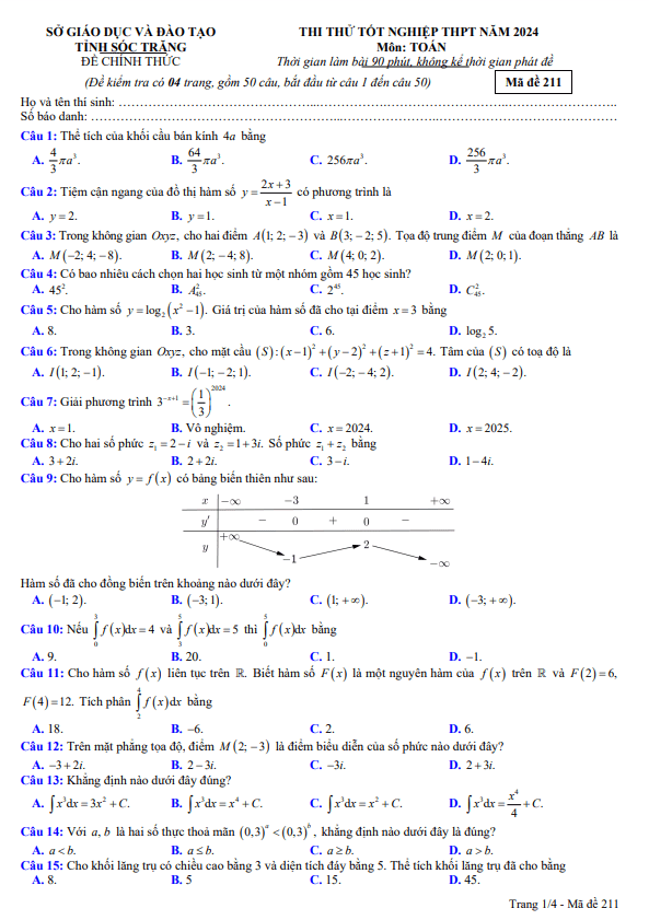 đề thi thử tốt nghiệp thpt năm 2024 môn toán sở gd&đt sóc trăng