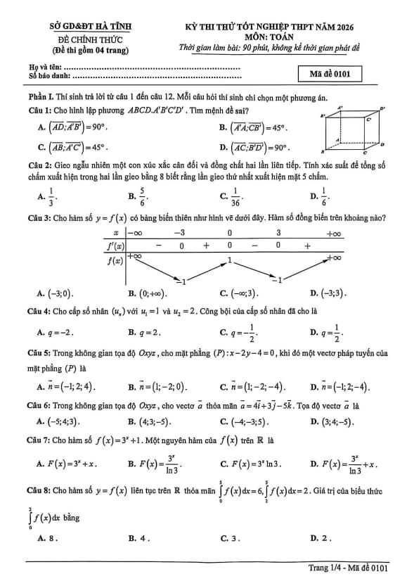 đề thi thử tốt nghiệp thpt năm 2026 môn toán sở gd&đt hà tĩnh