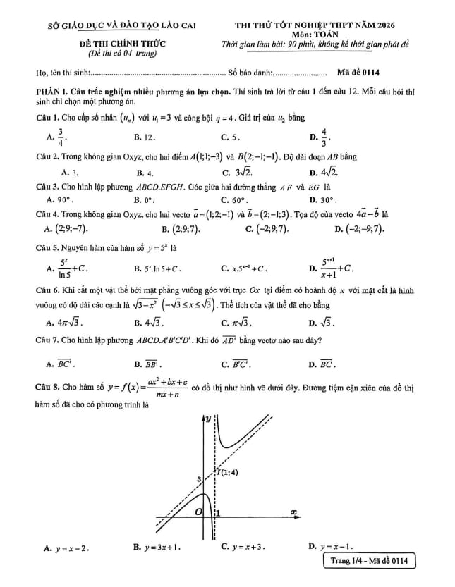 đề thi thử tốt nghiệp thpt năm 2026 môn toán sở gd&đt lào cai