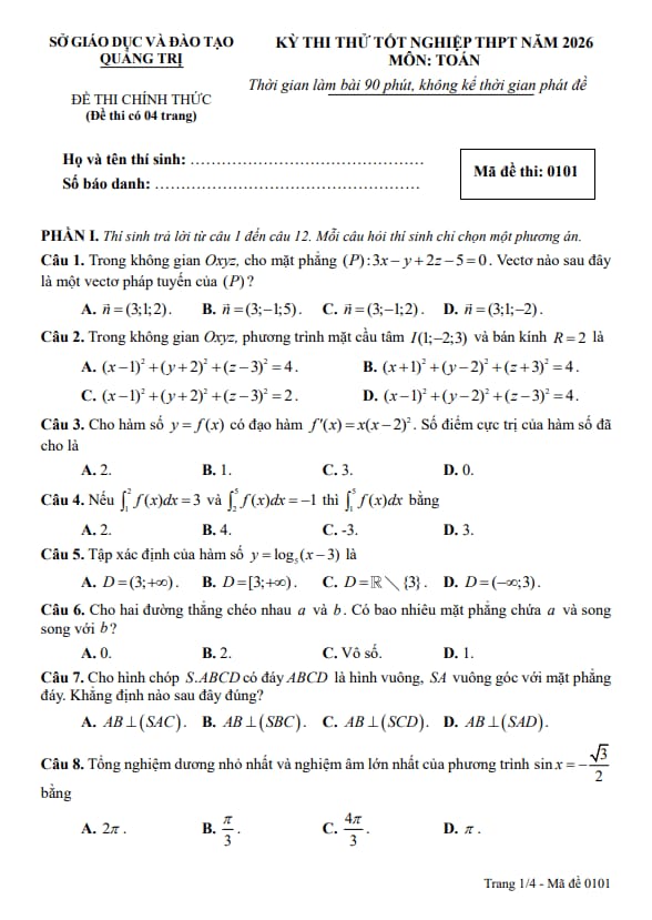 đề thi thử tốt nghiệp thpt năm 2026 môn toán sở gd&đt quảng trị