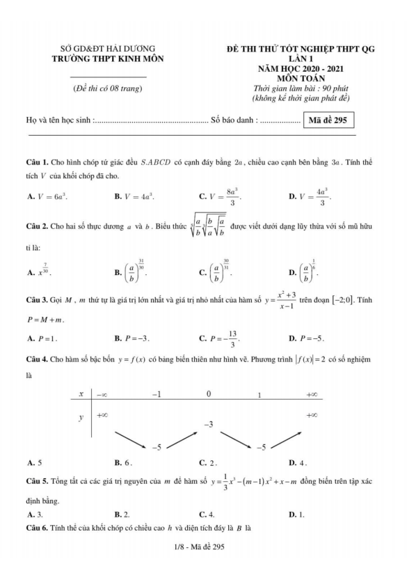 đề thi thử tốt nghiệp thpt qg 2021 lần 1 môn toán trường thpt kinh môn – hải dương