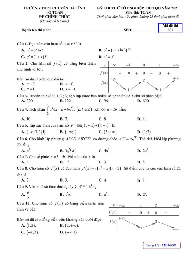 đề thi thử tốt nghiệp thptqg 2021 môn toán trường thpt chuyên hà tĩnh