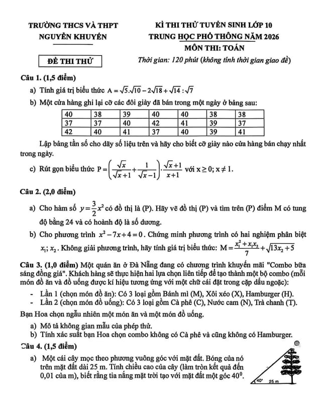 đề thi thử tuyển sinh lớp 10 môn toán năm 2026 trường nguyễn khuyến – đà nẵng