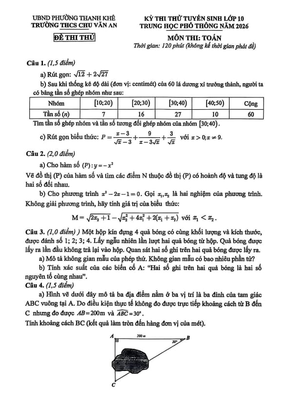 đề thi thử tuyển sinh lớp 10 môn toán năm 2026 trường thcs chu văn an – đà nẵng