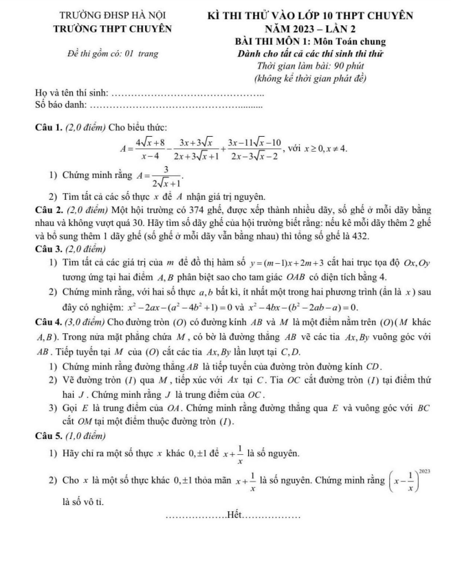 đề thi thử vào 10 chuyên 2023 lần 2 toán chung trường thpt chuyên đhsp hà nội