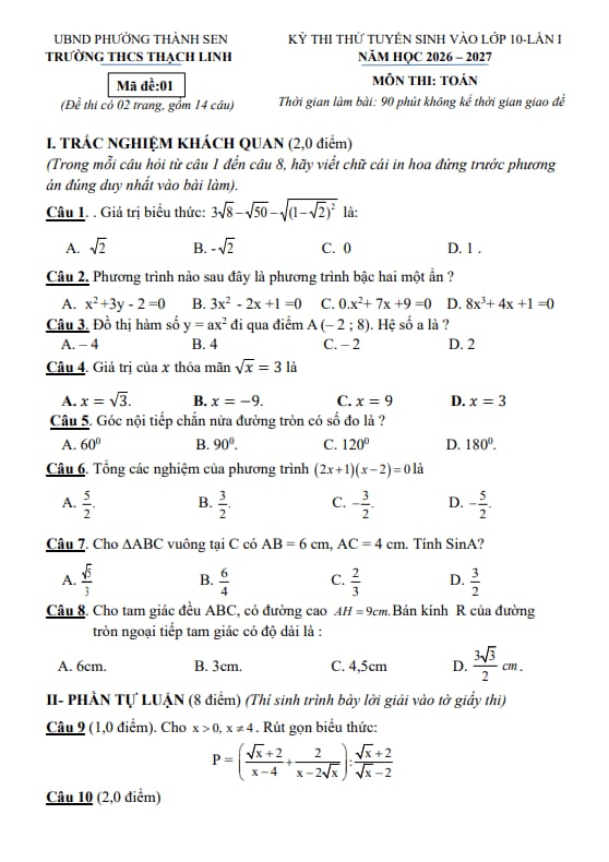 đề thi thử vào lớp 10 lần 1 môn toán năm 2026 – 2027 trường thcs thạch linh – hà tĩnh