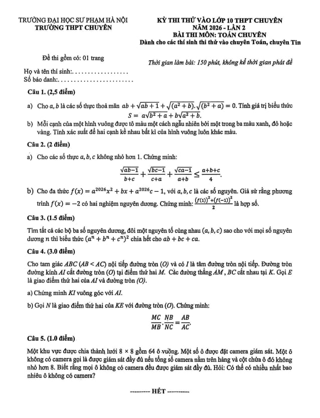 đề thi thử vào lớp 10 môn toán (chuyên) năm 2026 lần 2 trường chuyên đhsp hà nội