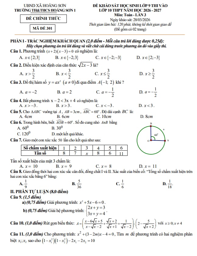 đề thi thử vào lớp 10 môn toán lần 3 năm 2026 – 2027 trường hoằng sơn 1 – thanh hóa