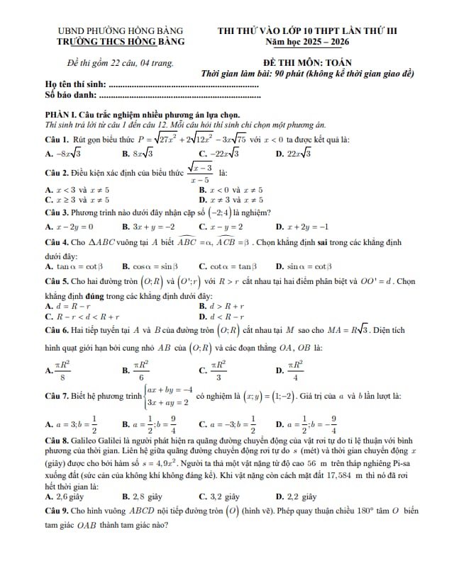 đề thi thử vào lớp 10 môn toán lần 3 năm 2026 trường thcs hồng bàng – hải phòng
