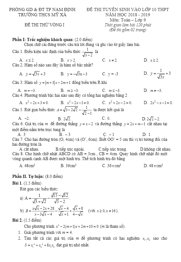 đề thi thử vào lớp 10 môn toán năm 2018 – 2019 trường thcs mỹ xá – nam định