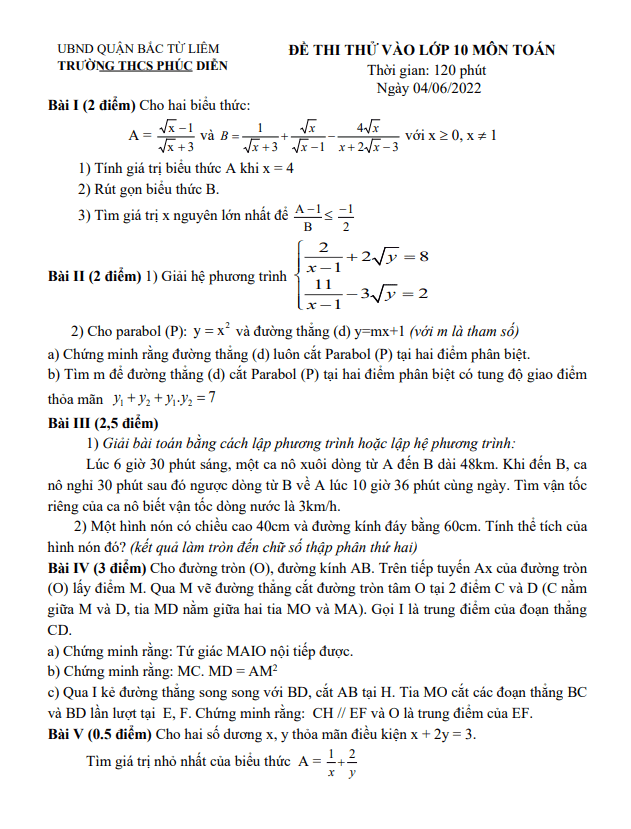 đề thi thử vào lớp 10 môn toán năm 2022 trường thcs phúc diễn – hà nội