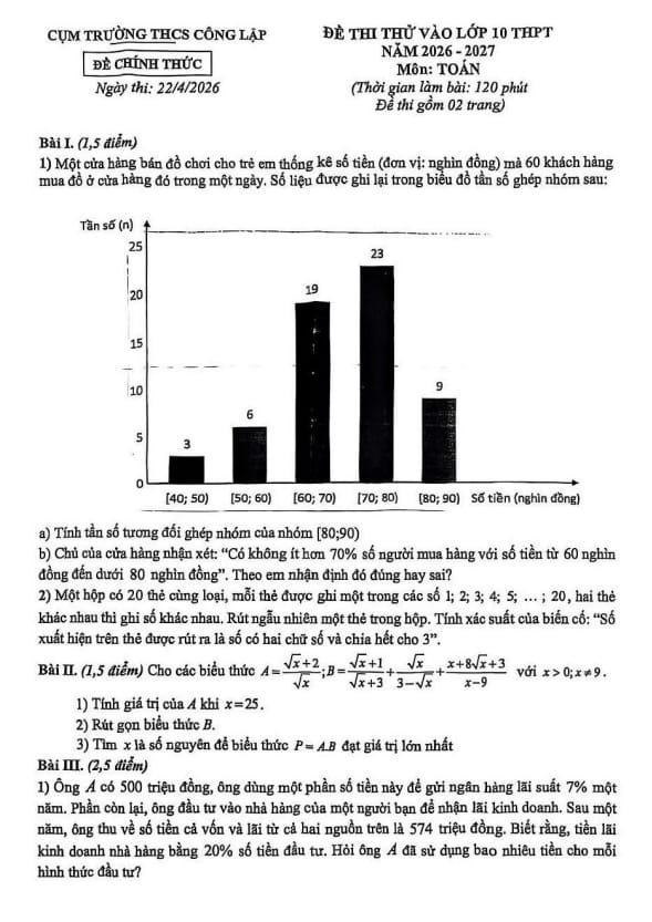 đề thi thử vào lớp 10 môn toán năm 2026 – 2027 cụm thcs công lập – hà nội
