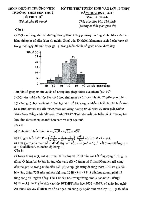 đề thi thử vào lớp 10 môn toán năm 2026 – 2027 trường thcs bến thủy – nghệ an