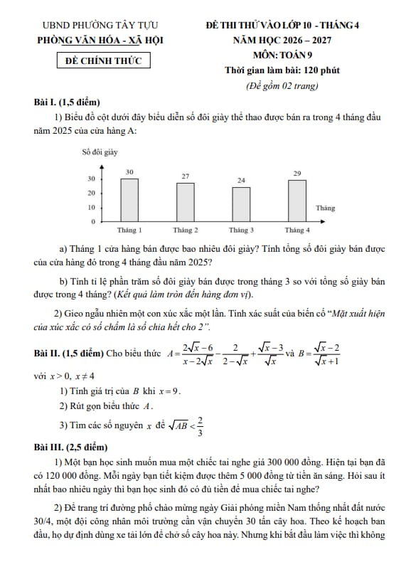đề thi thử vào lớp 10 môn toán tháng 4 năm 2026 phường tây tựu – hà nội