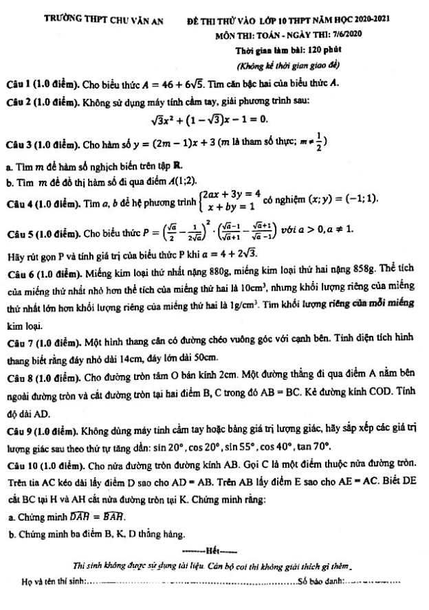 đề thi thử vào lớp 10 năm 2020 – 2021 môn toán trường thpt chu văn an – hà nội