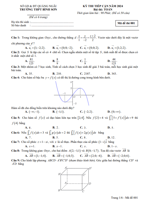 đề thi tiếp cận môn toán năm 2024 trường thpt bình sơn – quảng ngãi