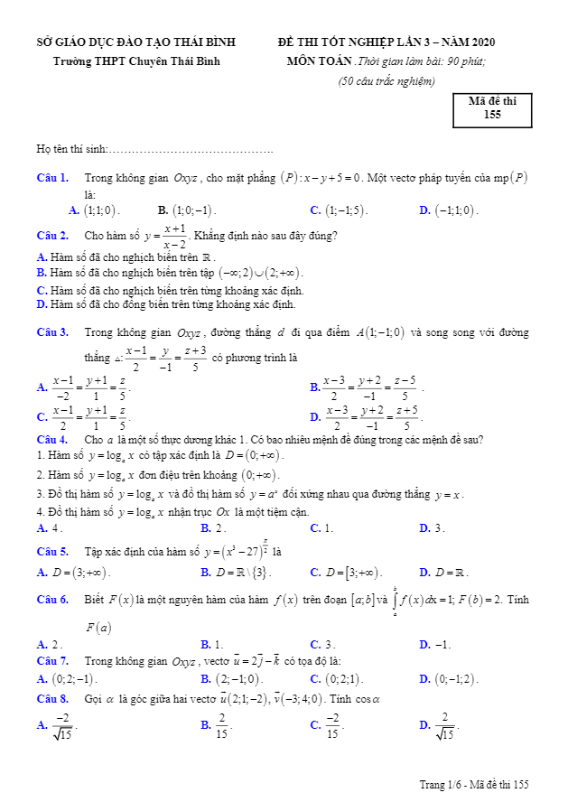 đề thi tốt nghiệp lần 3 năm 2020 môn toán trường thpt chuyên thái bình