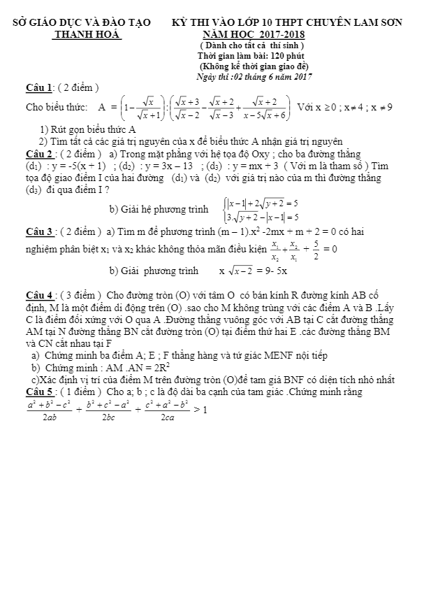 đề thi tuyển sinh lớp 10 năm học 2017 – 2018 môn toán trường thpt chuyên lam sơn – thanh hóa