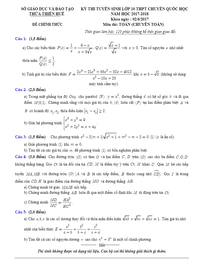 đề thi tuyển sinh lớp 10 năm học 2017 – 2018 môn toán trường thpt chuyên quốc học – tt huế