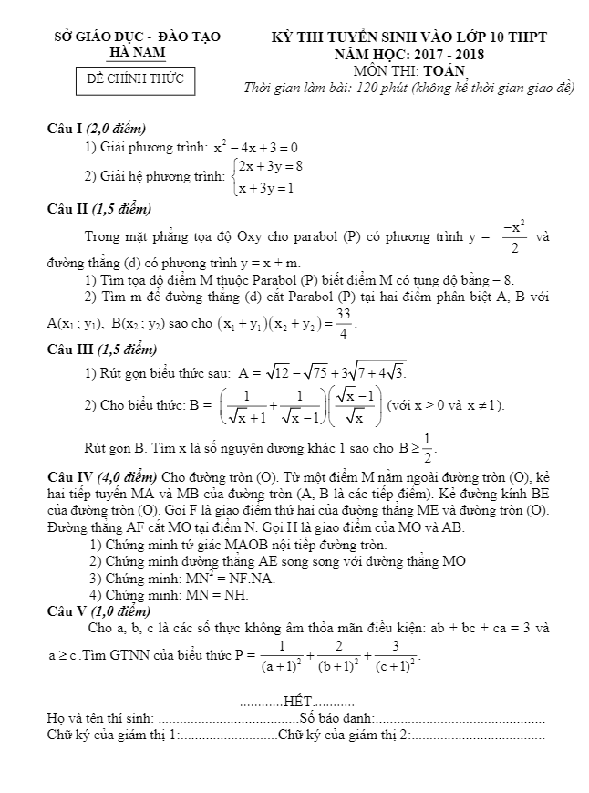 đề thi tuyển sinh lớp 10 thpt năm học 2017 – 2018 môn toán sở gd và đt hà nam