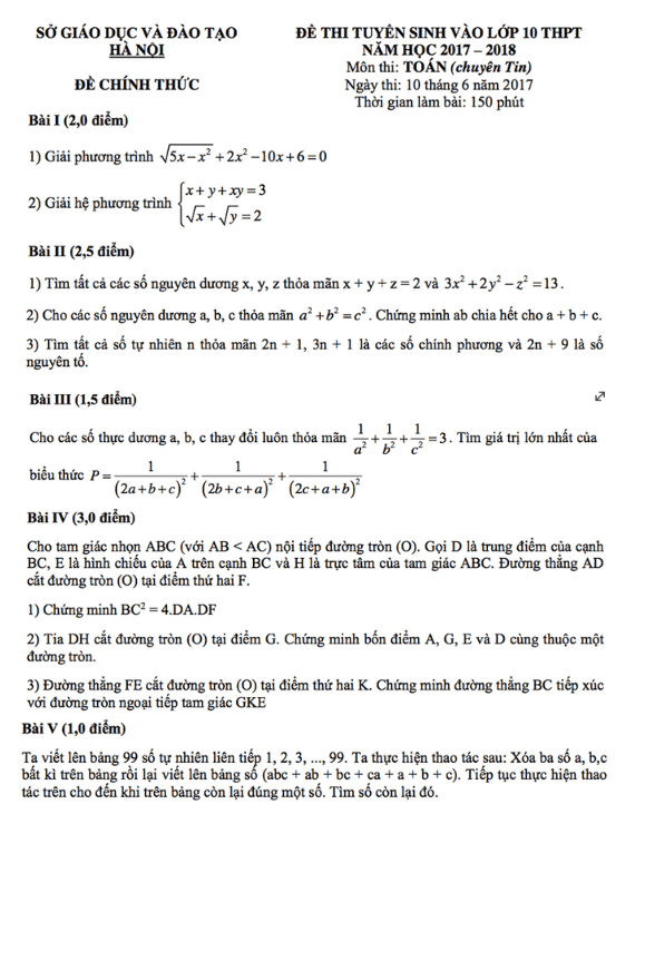 đề thi tuyển sinh lớp 10 thpt năm học 2017 – 2018 môn toán sở gd và đt hà nội (chuyên tin)