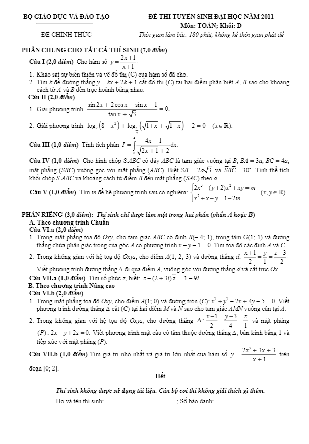 đề thi và đáp án môn toán khối d năm 2011