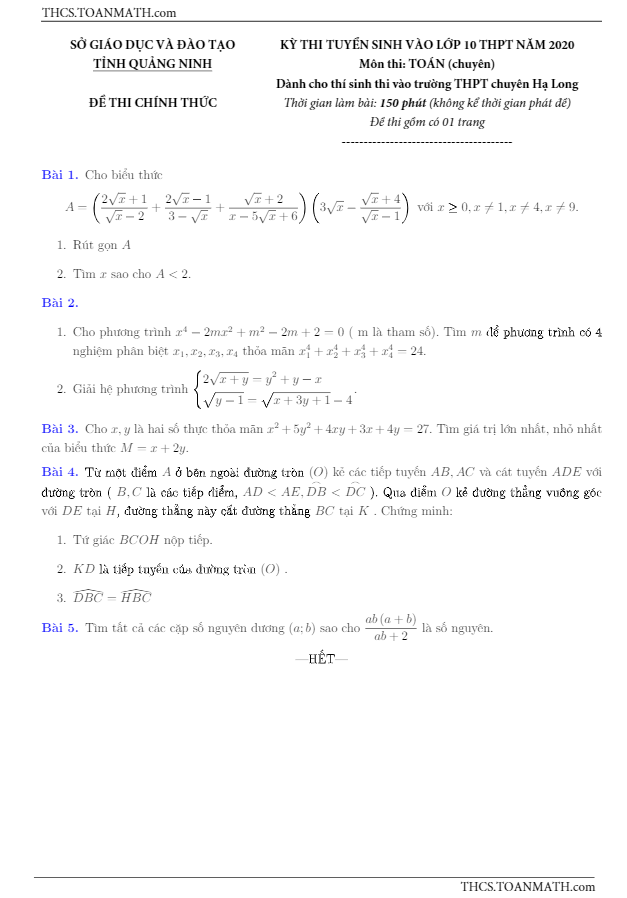 đề thi vào 10 môn toán (chuyên) năm 2020 – 2021 trường chuyên hạ long – quảng ninh