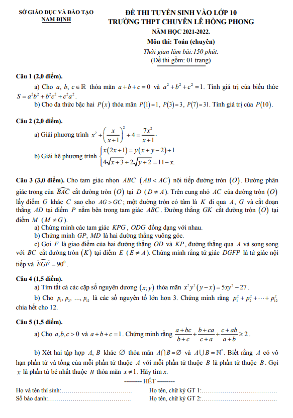 đề thi vào 10 môn toán (chuyên) năm 2021 – 2022 trường chuyên lê hồng phong – nam định