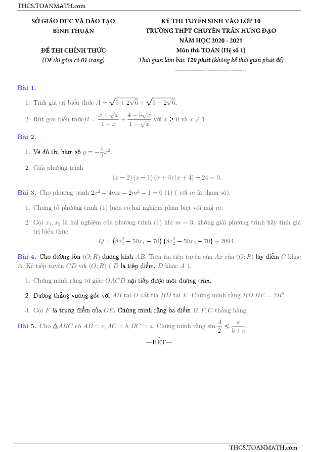 đề thi vào 10 môn toán (hệ số 1) năm 2020 – 2021 trường chuyên trần hưng đạo – bình thuận