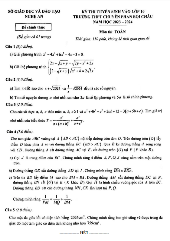 đề thi vào lớp 10 môn toán năm 2023 – 2024 trường chuyên phan bội châu – nghệ an
