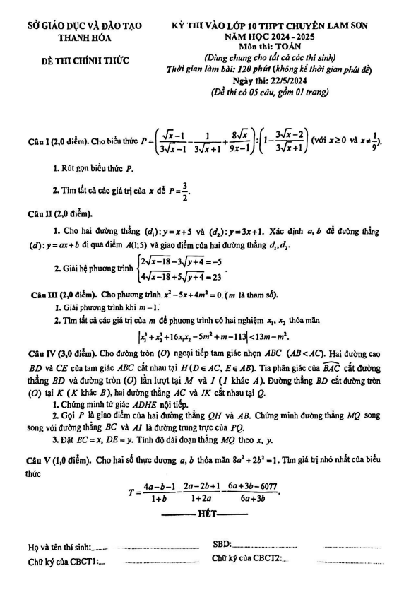 đề thi vào lớp 10 môn toán năm 2024 – 2025 trường chuyên lam sơn – thanh hóa