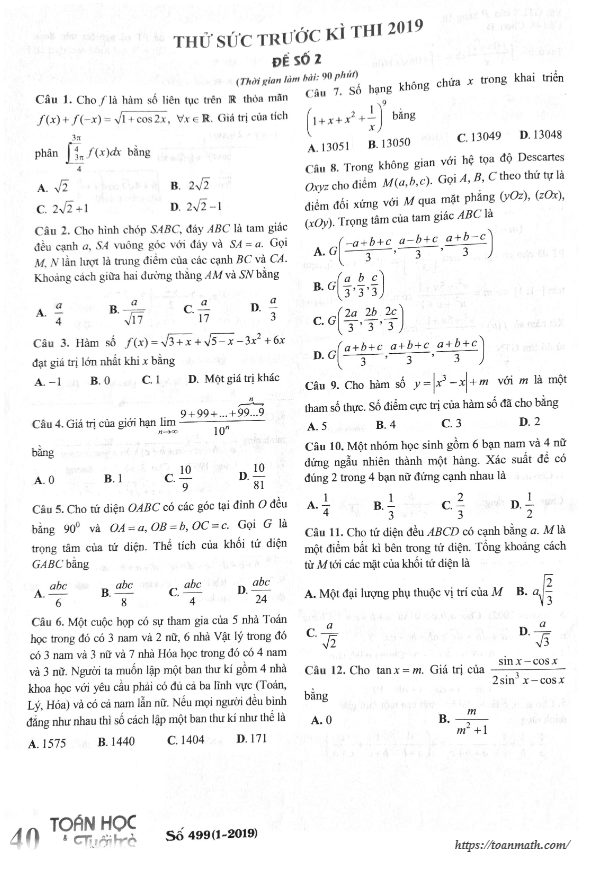 đề thử sức trước kỳ thi thpt quốc gia 2019 môn toán – toán học tuổi trẻ (đề số 2)