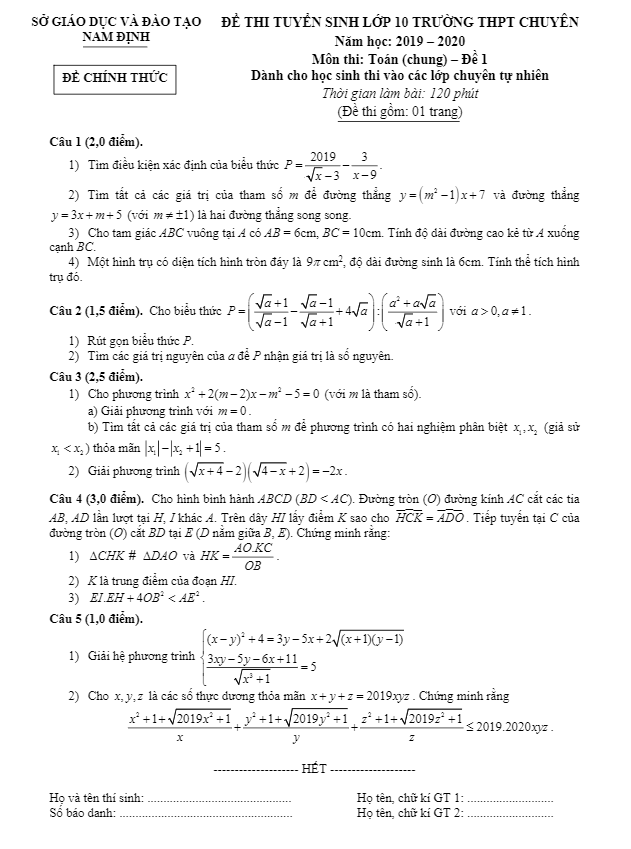 đề toán tuyển sinh lớp 10 chuyên năm 2019 – 2020 sở gd&đt nam định (đề chung)