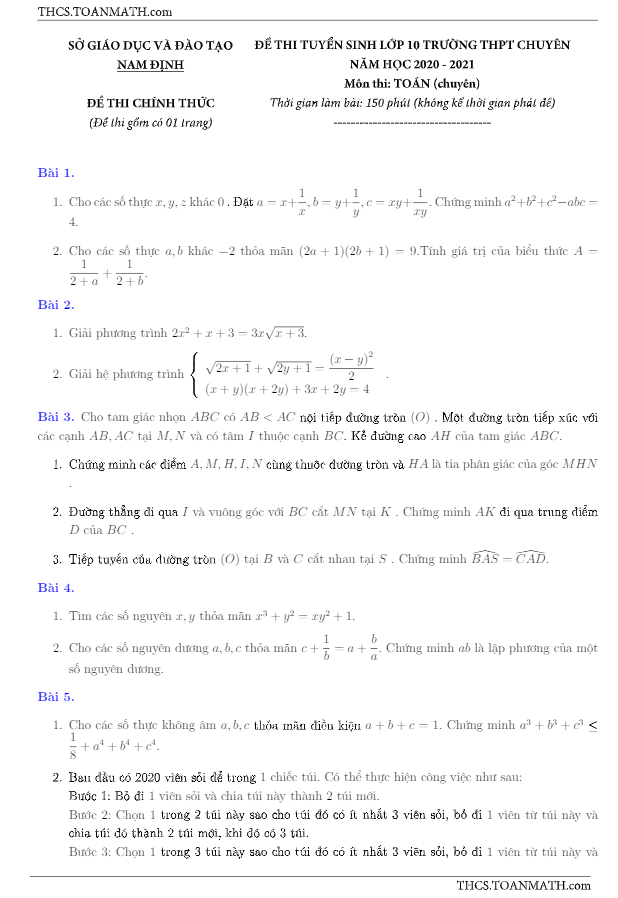 đề toán tuyển sinh lớp 10 chuyên năm 2020 – 2021 sở gd&đt nam định (đề chuyên)
